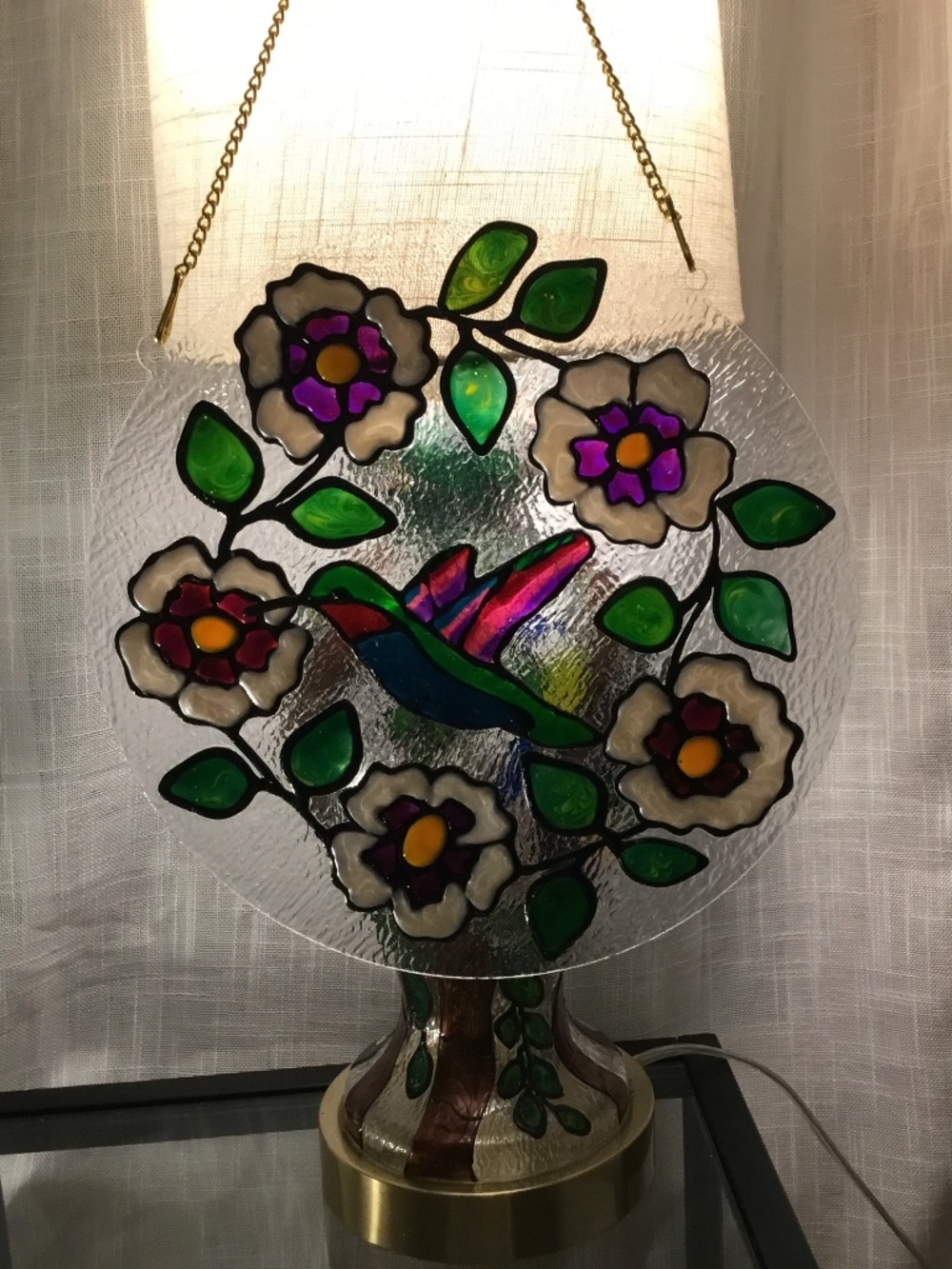 Hand painted Hummingbird and Pansies Sun Catcher - Picture 2 of 3